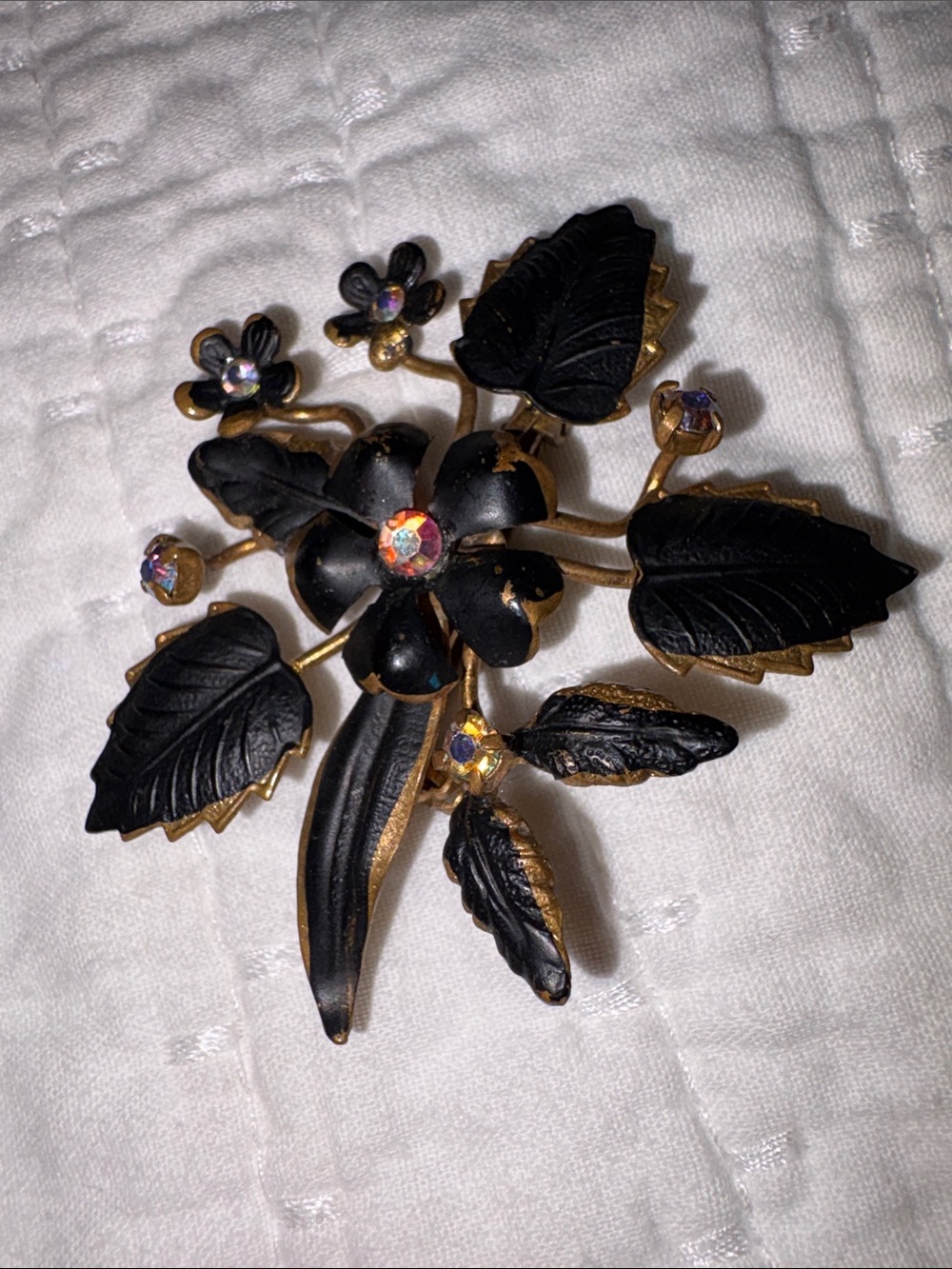 Vintage 1940-1950 Austria black with gold  & aurora borealis Brooche